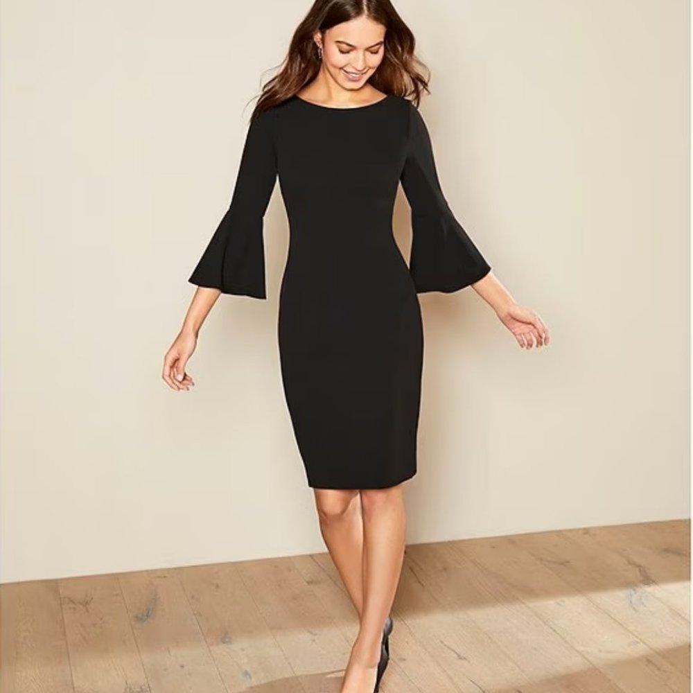 NWT Calvin Klein 3/4 Bell Sleeve Boat Neck Sheath Dress Black